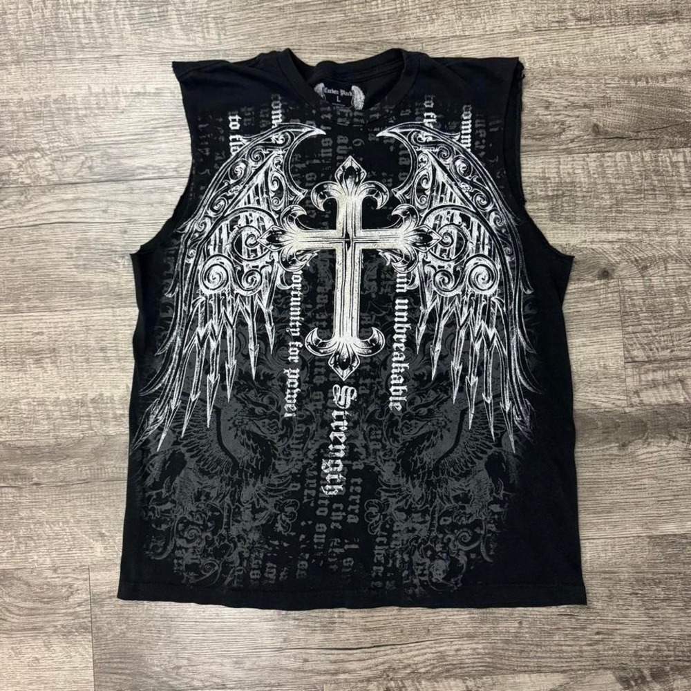 Y2K Carbon Black Wings Cross Grunge Emo Sleeveless Shirt L